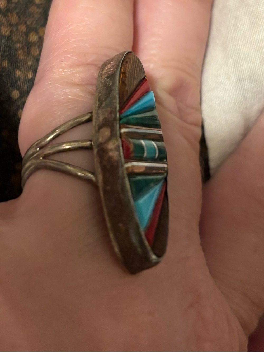 Multicolor Inlay Oval Statement Ring - Turquoise, Red & Brown Accents - Picture 5 of 5
